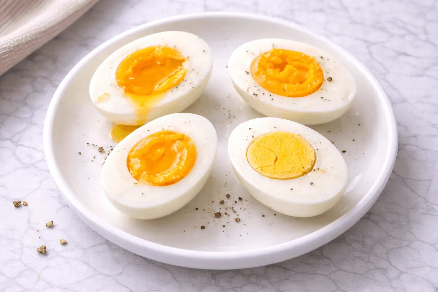 Temps de cuisson des œufs illustré : quatre œufs coupés en deux du mollet au dur sur une assiette blanche