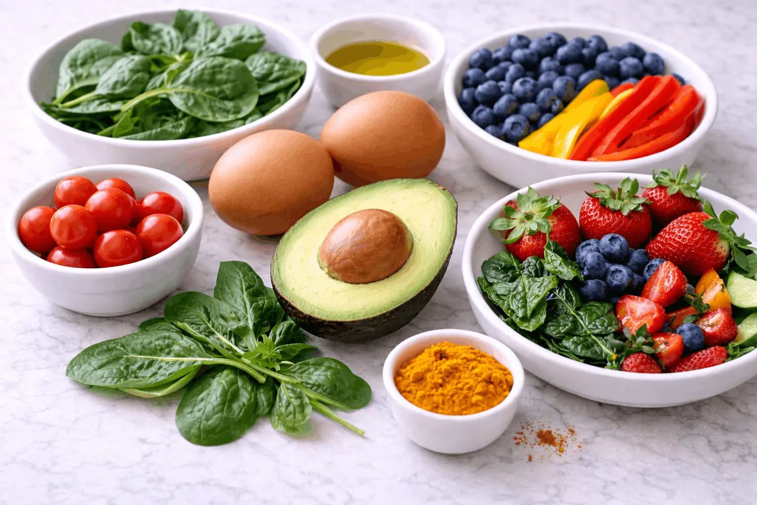 Œufs anti-inflammatoires : œufs avec des aliments anti-inflammatoires comme légumes, huile d'olive et baies
