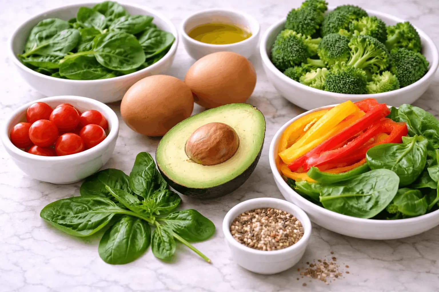 Œufs et diabète : œufs avec légumes pauvres en glucides, épinards, poivrons et tomates, pour le contrôle de la glycémie