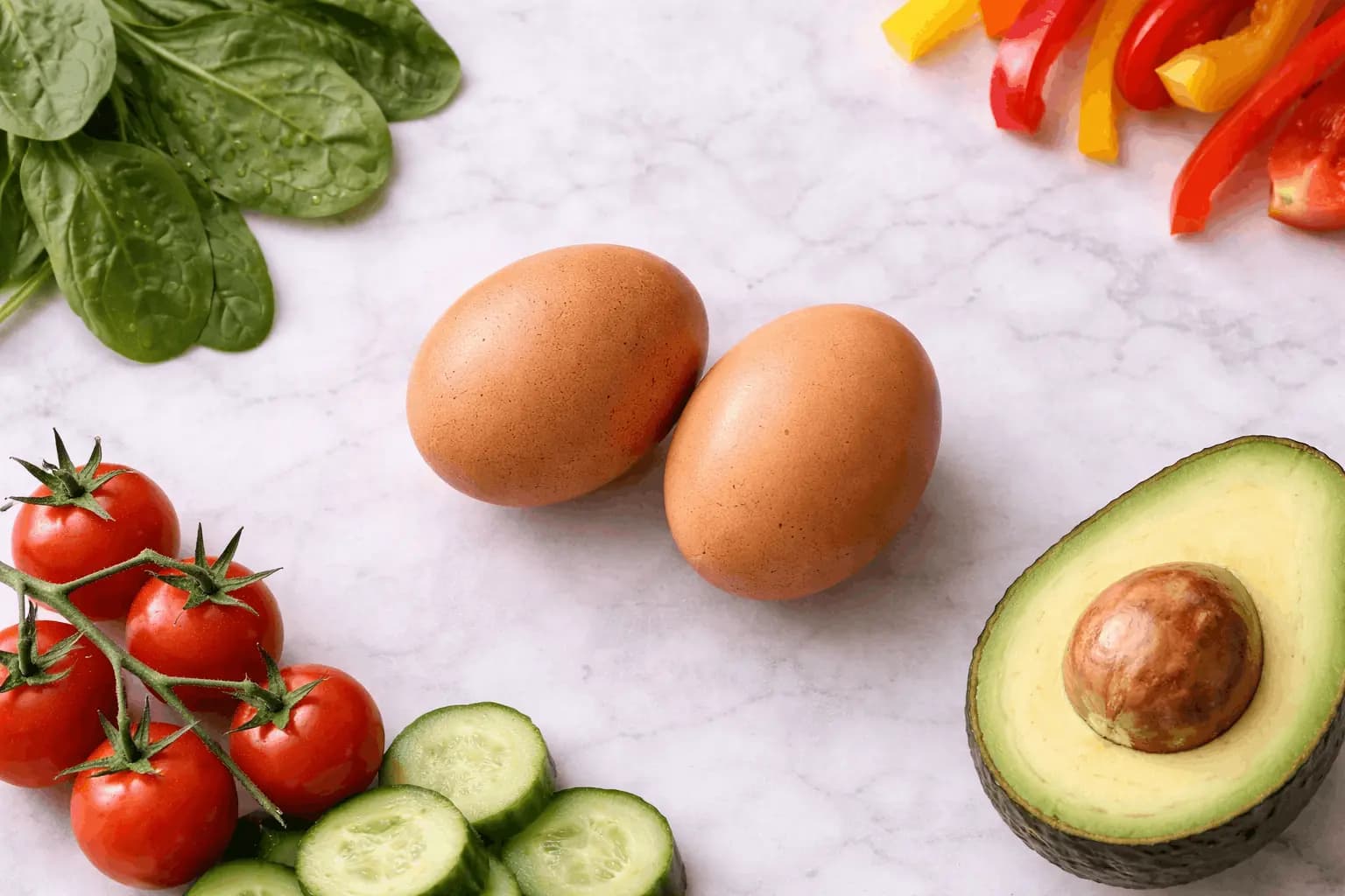 Les œufs sont-ils bons pour la santé : œufs roux entourés de légumes frais, tomates, épinards et avocat