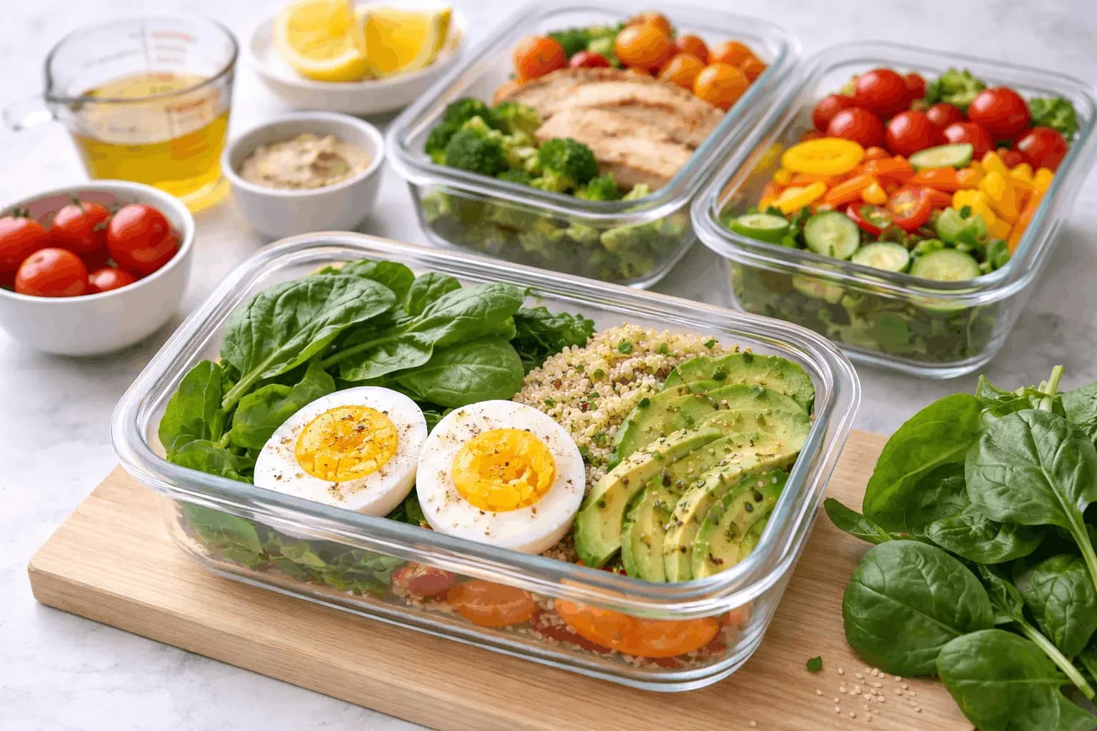 Œufs et perte de poids : préparation de repas avec œufs durs, légumes et contenants pour contrôler les portions