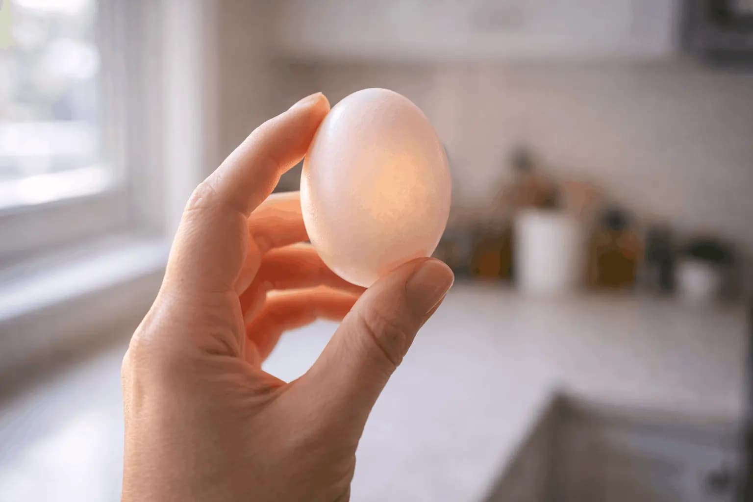 Savoir si un œuf est bon : personne examinant un œuf à contre-jour dans une cuisine pour vérifier s'il est frais ou périmé
