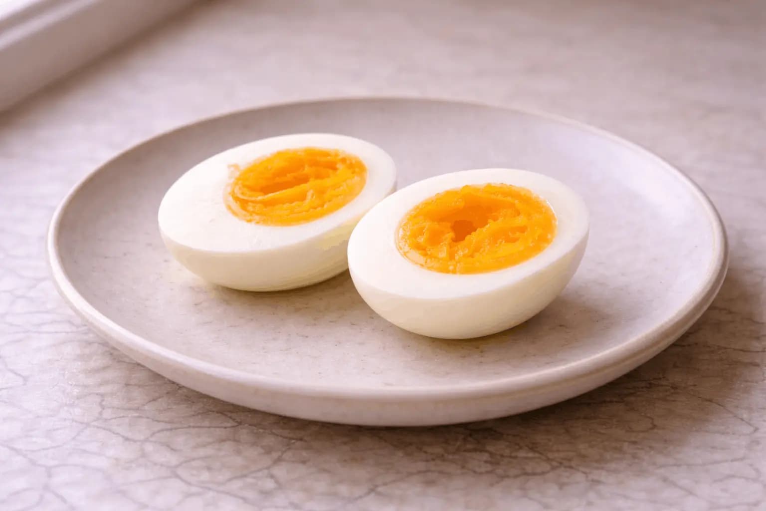 Œuf mollet coupé en deux au jaune épais et crémeux, au cœur fondant qui garde sa forme
