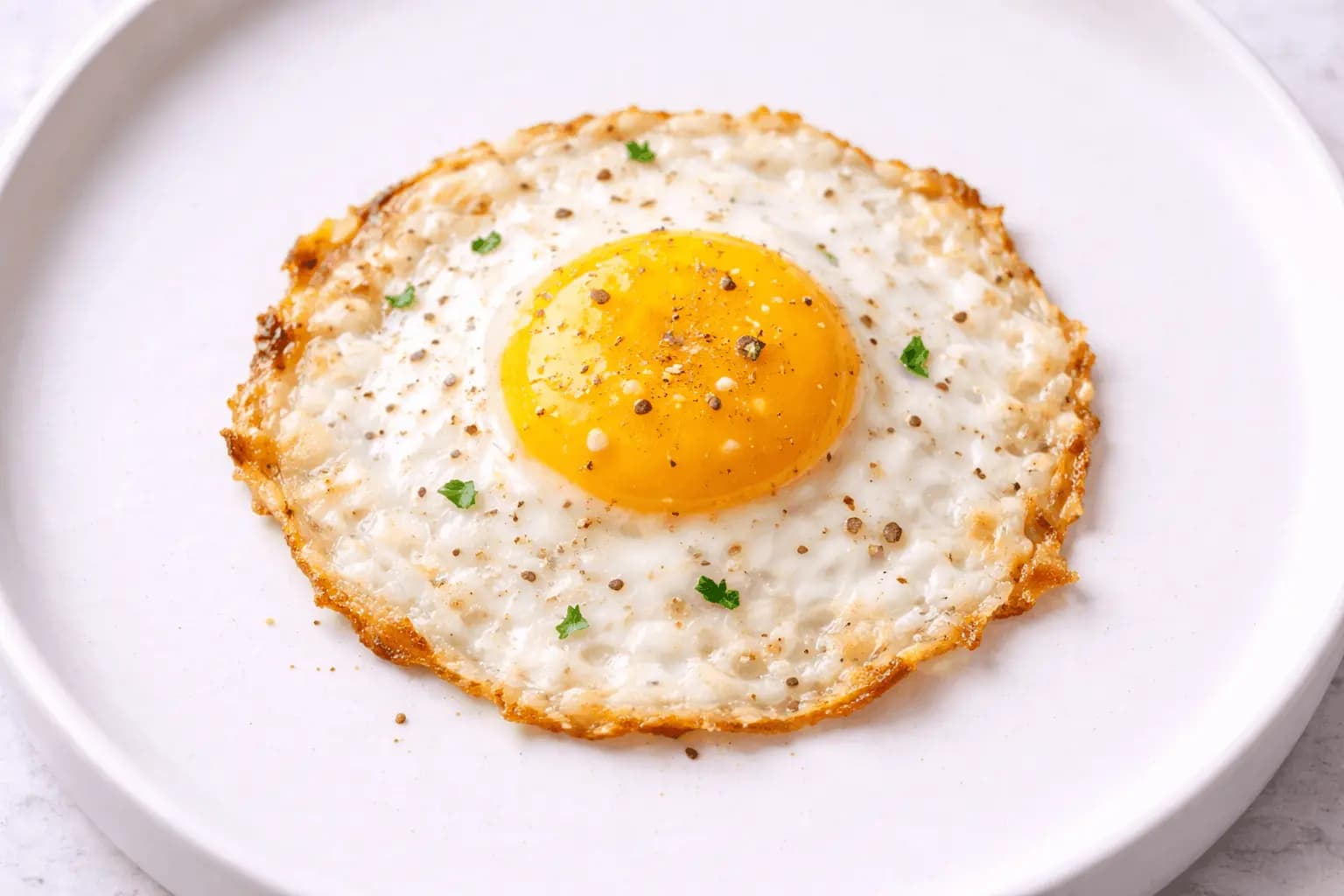 Œuf au plat parfait au jaune vif et brillant sur le dessus et au blanc entièrement cuit, dans une assiette blanche