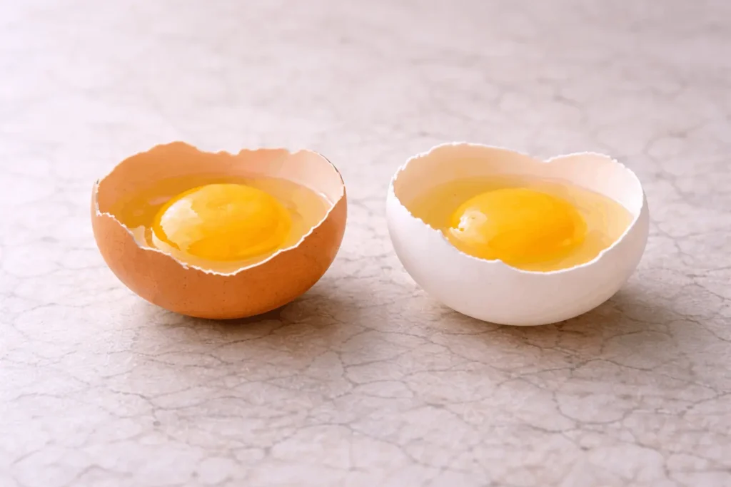 Œufs roux ou blancs cassés côte à côte montrant des jaunes et des blancs nutritionnellement identiques