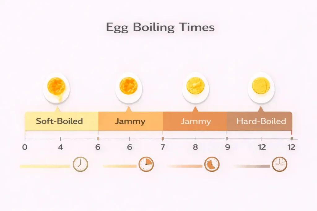 Tableau des temps de cuisson des œufs : 4–6 min pour un œuf mollet, 6–7 min crémeux, 9–12 min pour un œuf dur