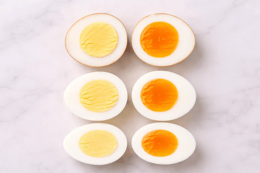 Quatre œufs coupés à coquilles rousses et blanches avec jaunes pâles et orange foncé : la couleur de la coquille ne détermine pas celle du jaune