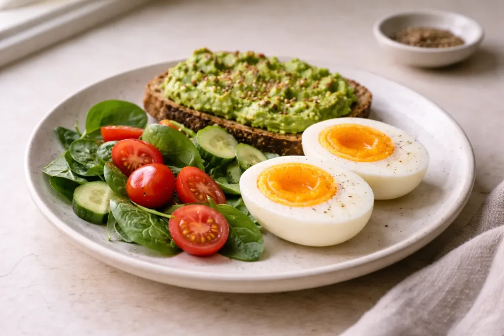 Œufs servis avec des légumes dans un petit-déjeuner équilibré bon pour le cholestérol