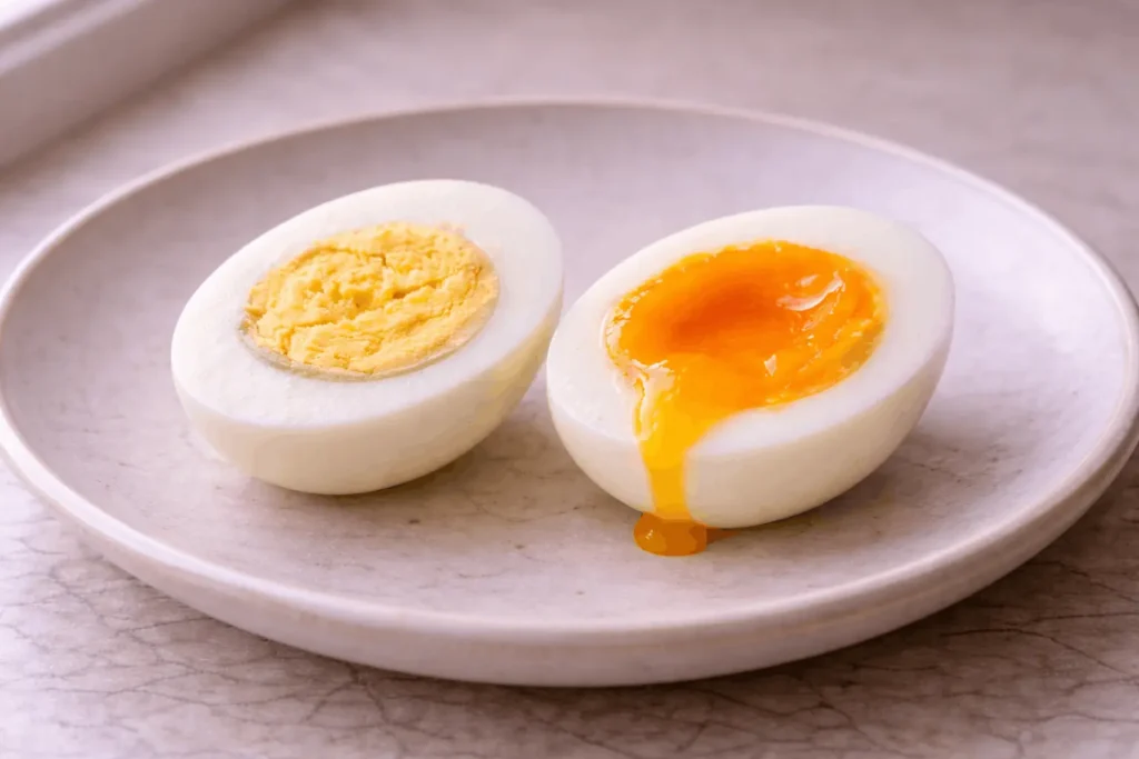 Œufs mollets comparés : jaune trop coulant (pas assez cuit) et jaune trop ferme (trop cuit)
