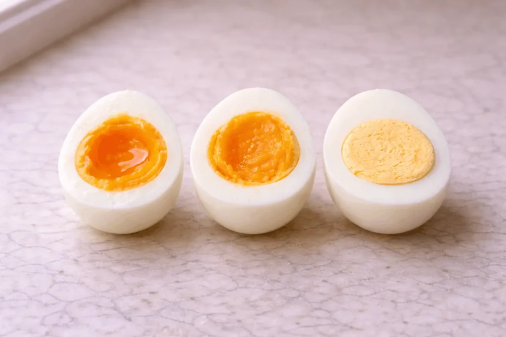 Œuf à la coque, œuf mollet et œuf dur coupés en deux pour comparer les textures de jaune