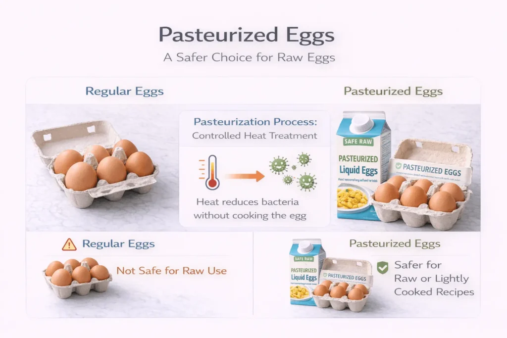 Œufs pasteurisés, alternative plus sûre aux œufs crus pour les recettes peu cuites, avec explication du traitement thermique
