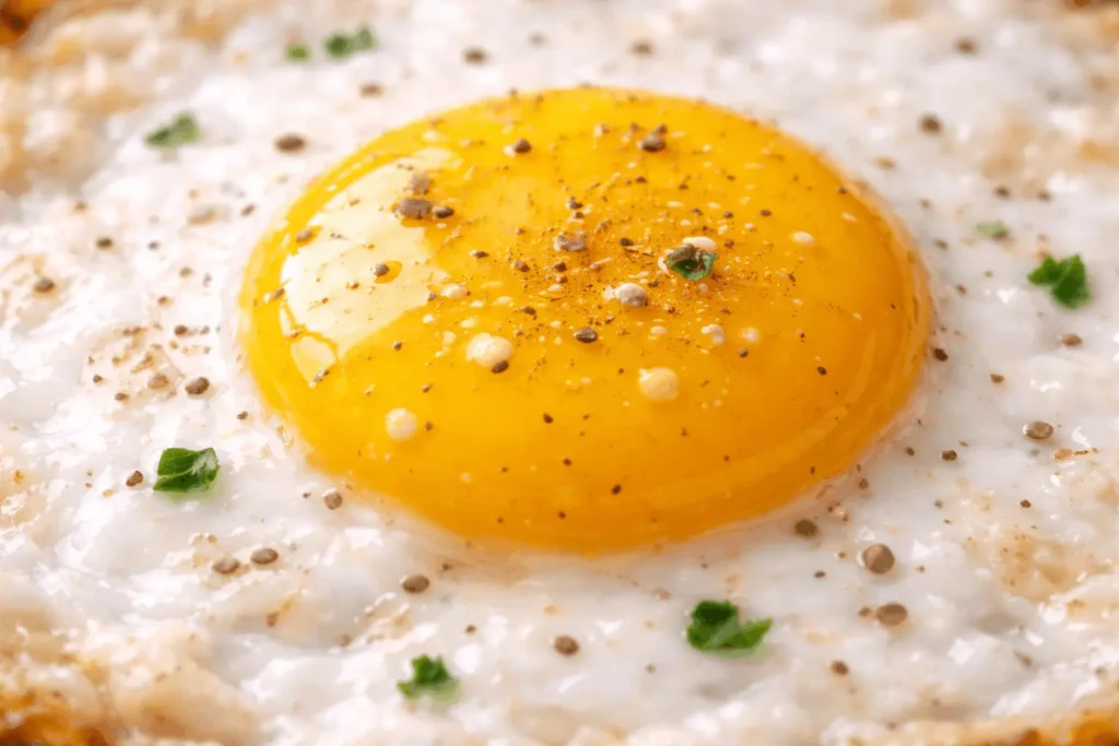 Gros plan sur le jaune d'un œuf au plat, surface vive, brillante et lustrée signe d'une cuisson parfaite