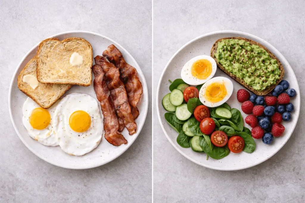 Side by side comparison of egg breakfast meals showing high saturated fat meal versus balanced healthy meal