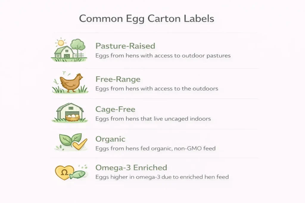 Educational infographic showing egg carton label meanings, including pasture-raised, free-range, cage-free, organic and omega-3 enriched, explained