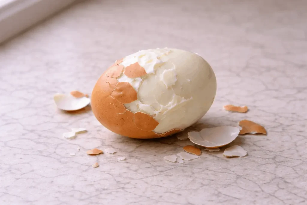 Hard-boiled egg with torn egg white caused by difficult peeling