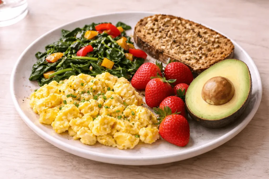 Healthy balanced egg breakfast with vegetables, whole grain toast, berries and avocado on white plate
