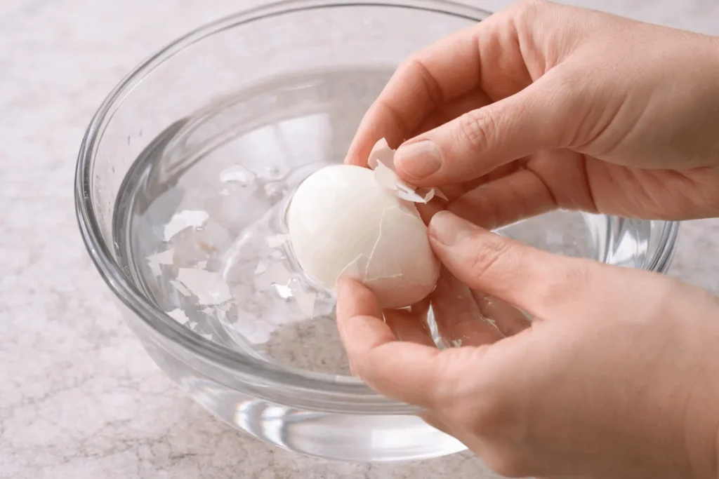 Peeling a hard-boiled egg in water to remove the shell easily