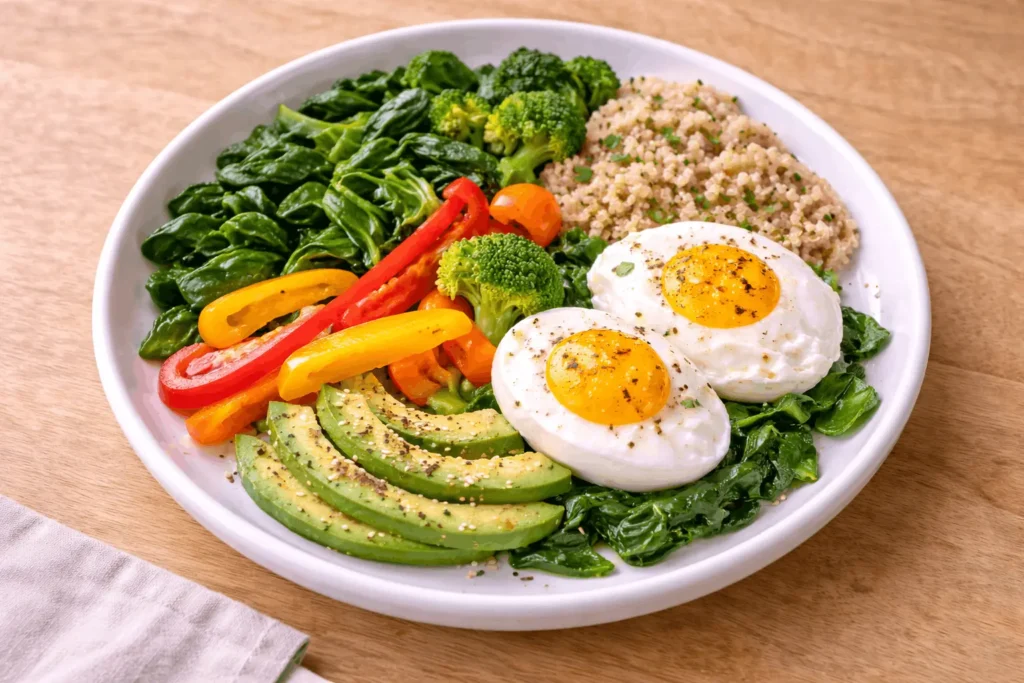 Balanced weight loss meal plate showing eggs with half plate vegetables, quarter plate whole grains demonstrating healthy portion control