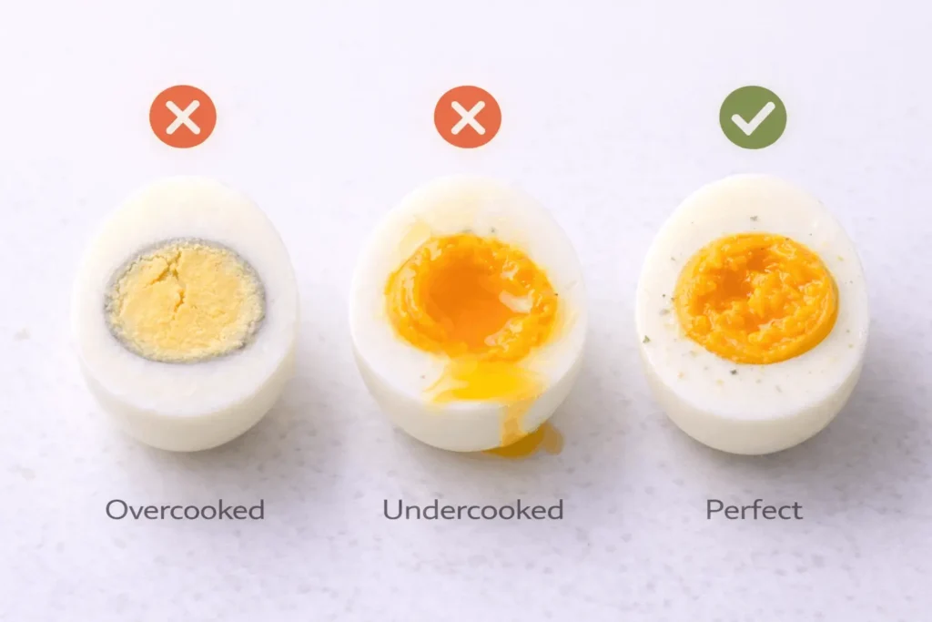 Boiled egg troubleshooting showing overcooked dry yolk with green ring, undercooked runny yolk, and perfect result comparison