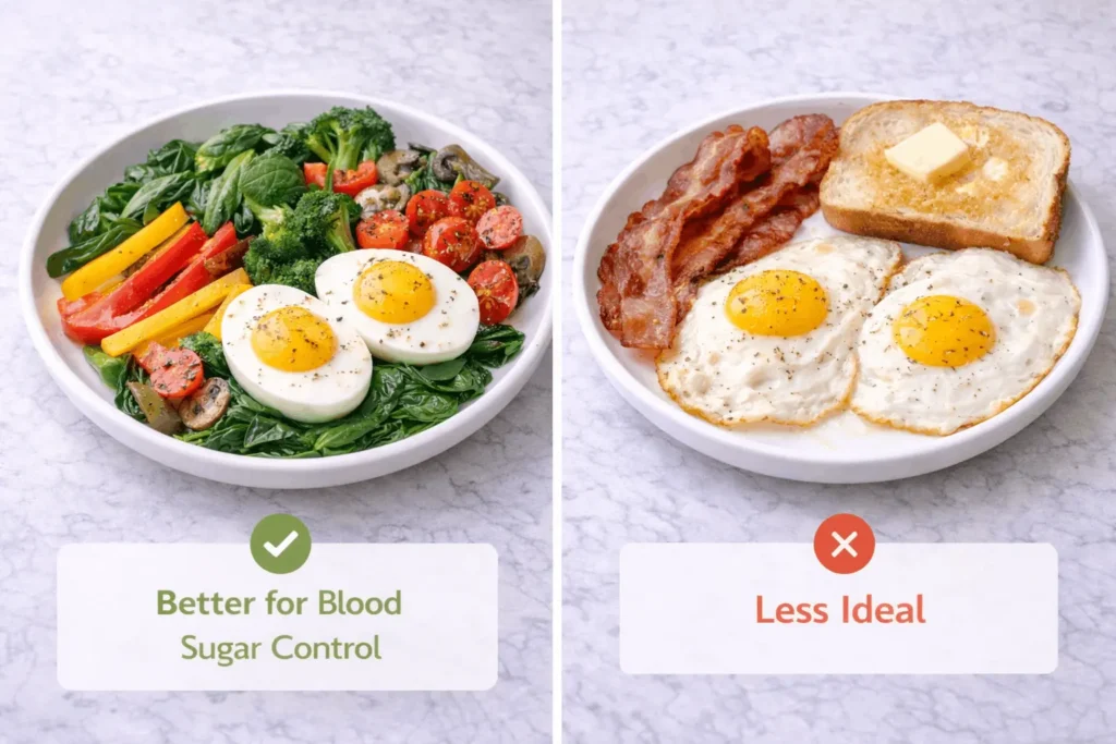 Side by side comparison of diabetes-friendly egg meal with vegetables versus high-carb egg breakfast with white toast and butter