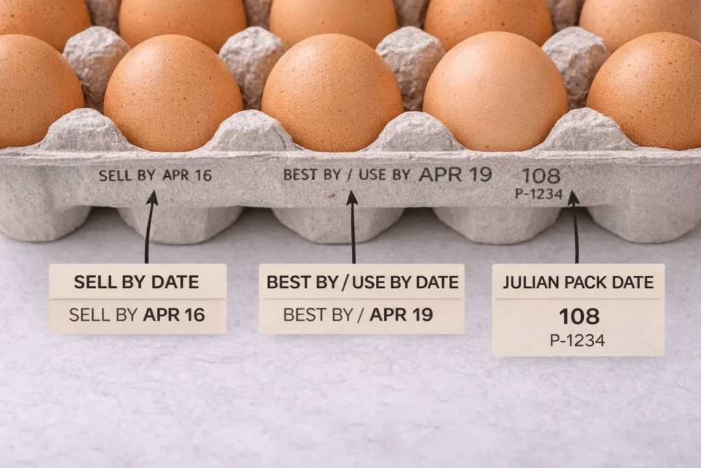 Egg carton showing date labels including sell-by date, best-by date and Julian pack date code explained
