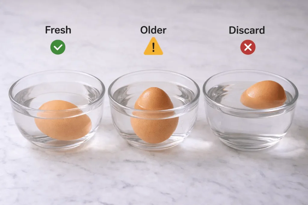 Egg float test showing three stages with fresh egg sinking flat, older egg standing upright, and bad egg floating in water
