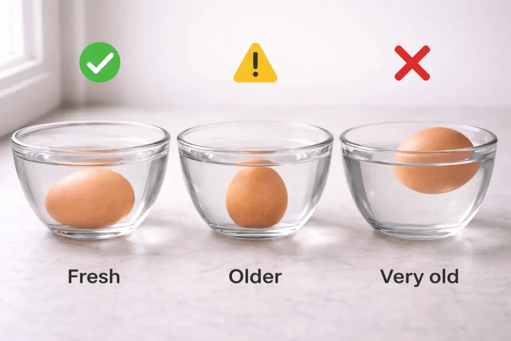 Egg float test demonstration showing fresh egg sinking, older egg standing upright, and bad egg floating in water