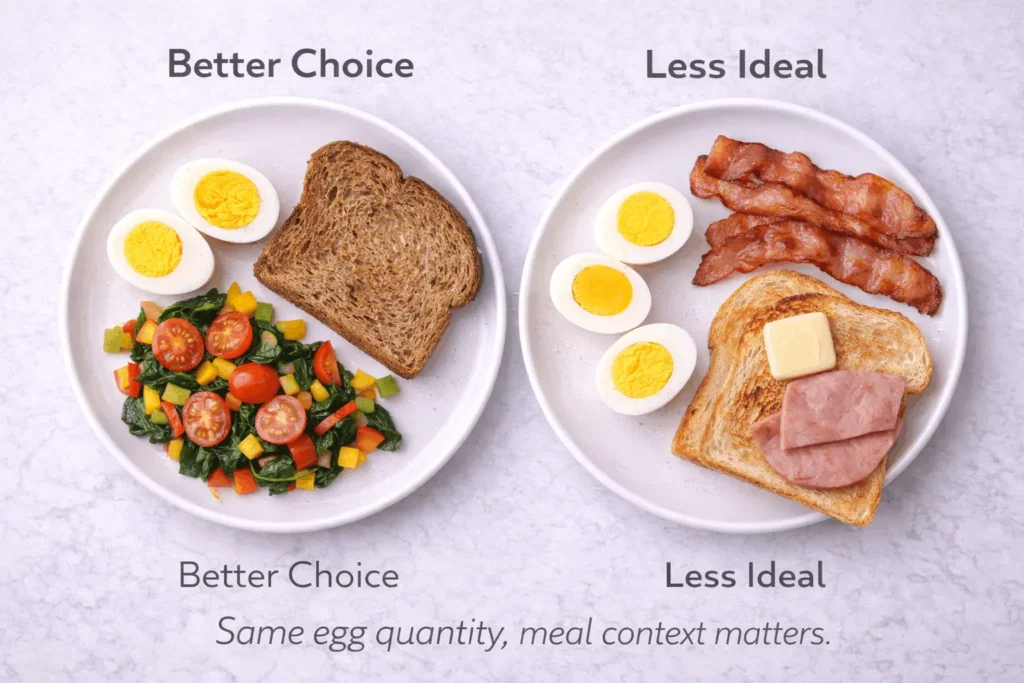 Side by side comparison showing eggs with vegetables and whole grains versus eggs with bacon and processed foods demonstrating meal context importance
