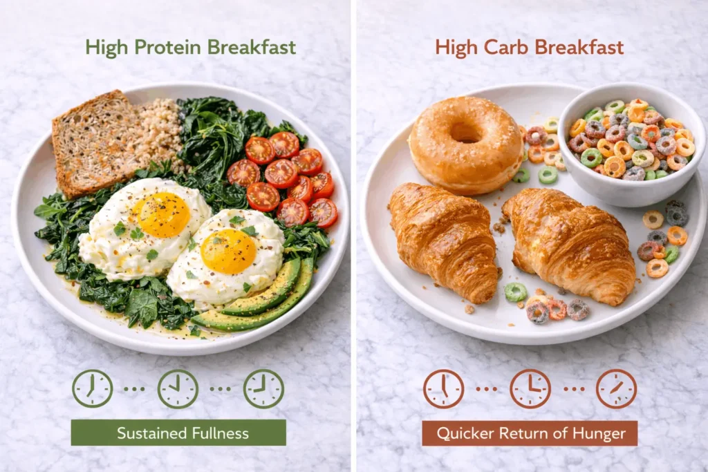 Comparison showing egg protein breakfast keeping you full longer versus high carb breakfast hunger timeline