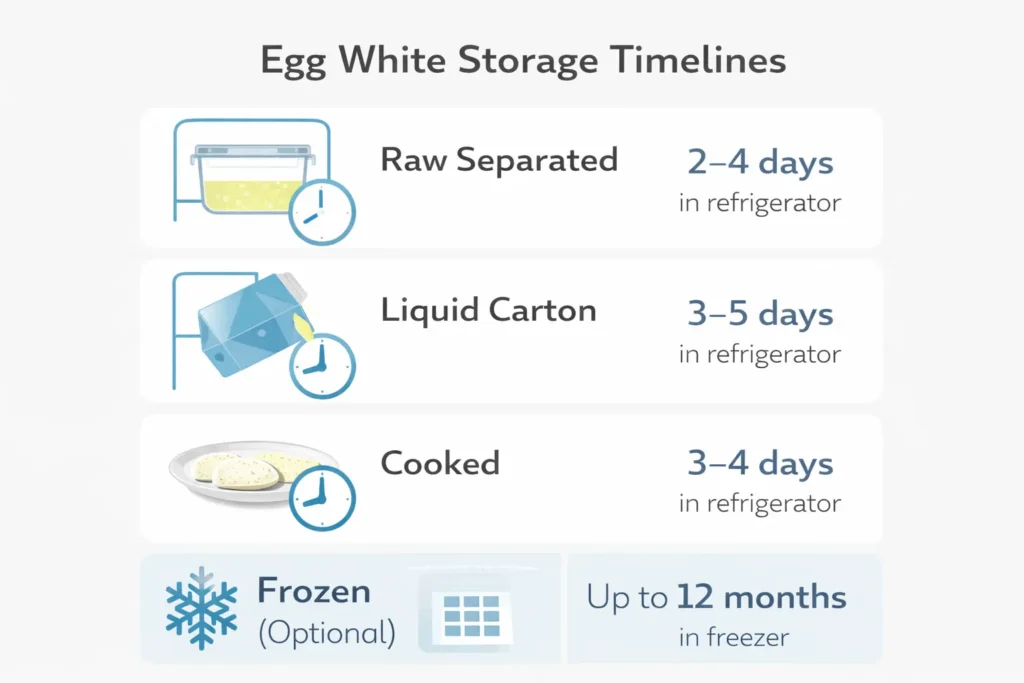 Egg white storage timeline chart showing raw separated 2-4 days, liquid carton 3-5 days, cooked 3-4 days, frozen up to 12 months