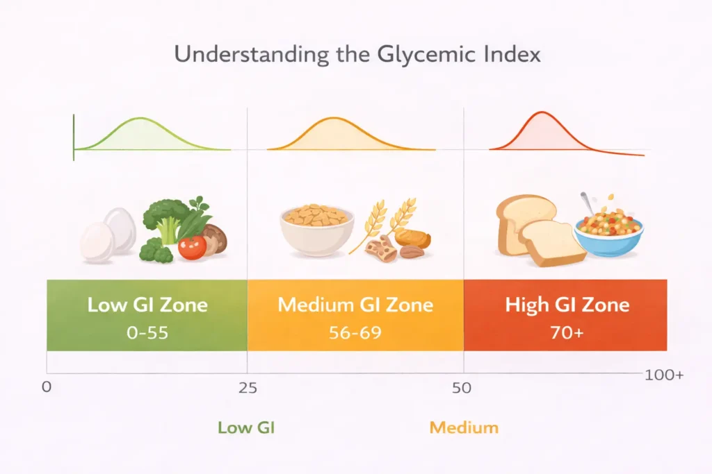 Glycemic index scale showing eggs in low GI zone versus white bread and cereal in high GI zone for diabetes blood sugar education