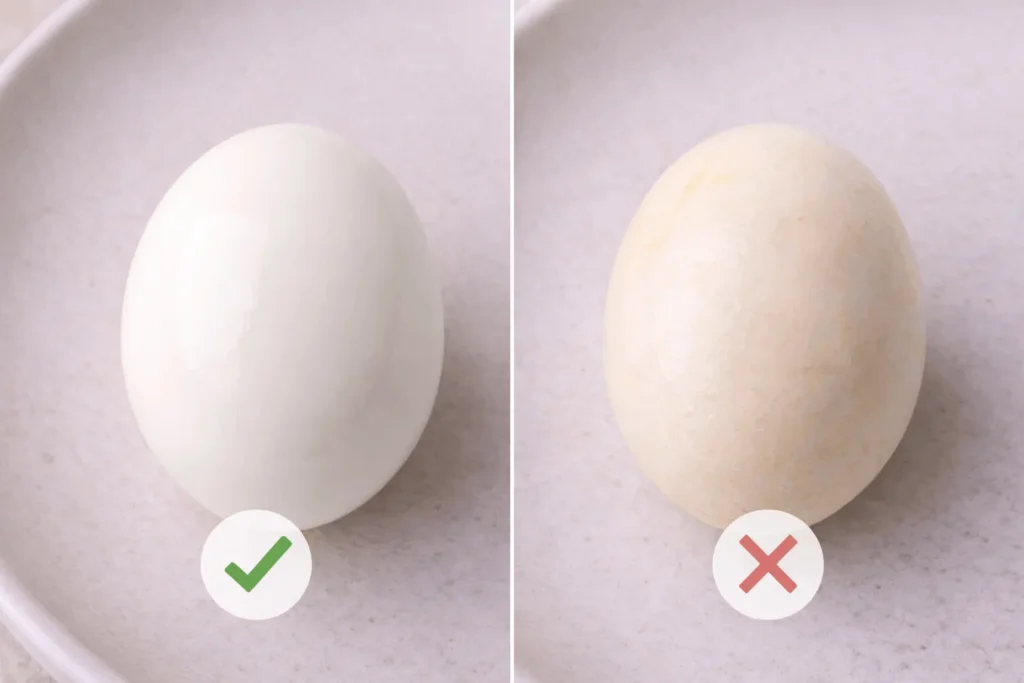 Fresh good hard-boiled egg versus spoiled egg showing visual signs of spoilage for food safety identification