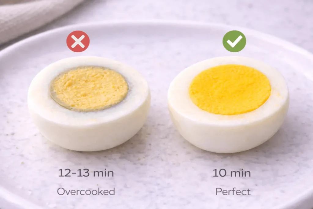 Overcooked hard-boiled egg with green-gray ring around yolk versus perfect egg with bright yellow yolk and no ring