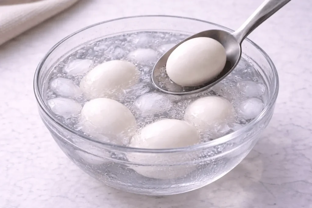 Hard-boiled eggs cooling in ice water bath to stop carryover cooking and prevent green ring formation