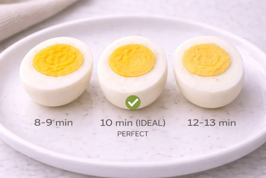 Three hard-boiled eggs showing timing differences at 8-9 minutes firm, 10 minutes ideal, and 12-13 minutes slightly dry