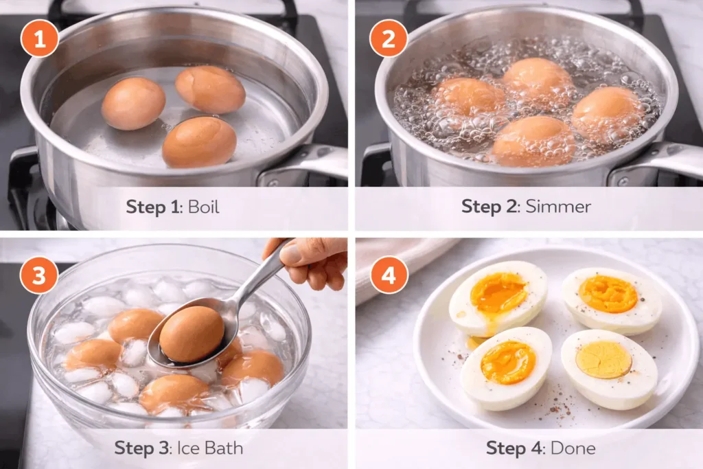Step-by-step process showing how to boil eggs from pot setup to ice bath cooling