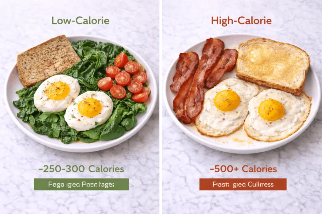 Side by side comparison of low-calorie boiled eggs with vegetables versus high-calorie fried eggs with bacon showing calorie difference