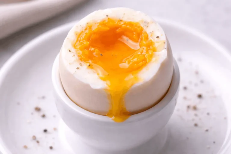Perfect soft-boiled egg cut in half showing runny liquid golden yolk flowing out with fully set white