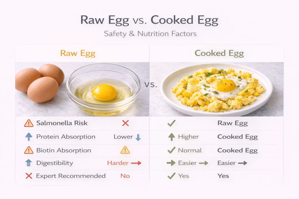 Comparison chart showing raw eggs versus cooked eggs for salmonella risk, protein absorption, and expert recommendations