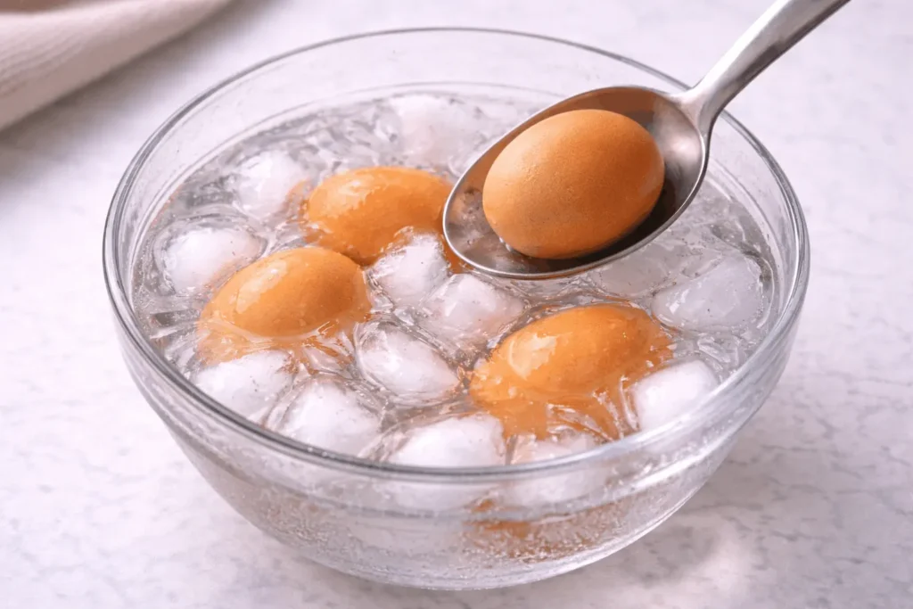 Soft-boiled eggs cooling in ice water bath to stop carryover cooking and preserve runny yolk texture