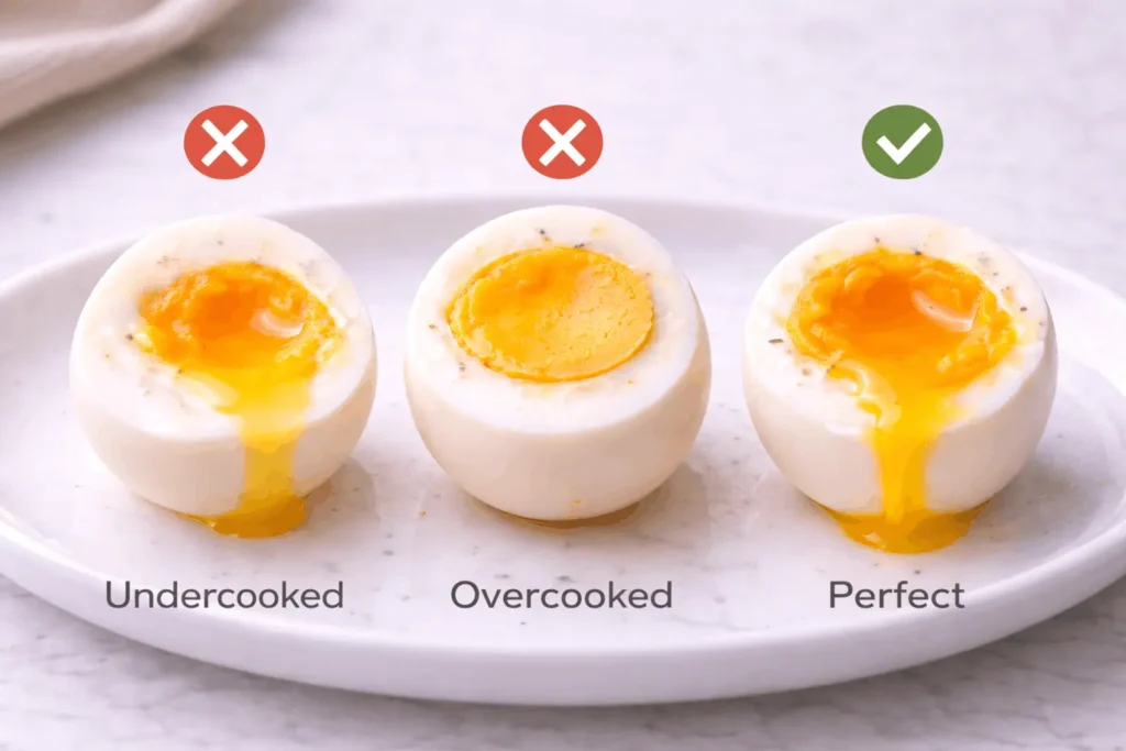 Soft-boiled egg troubleshooting showing undercooked translucent whites, overcooked firm yolk, and perfect runny yolk result