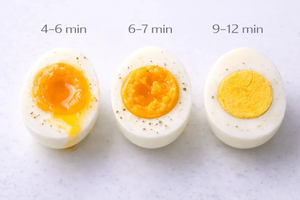 Three boiled eggs cut in half showing soft-boiled runny yolk, jammy custardy yolk, and hard-boiled firm yolk with cooking times
