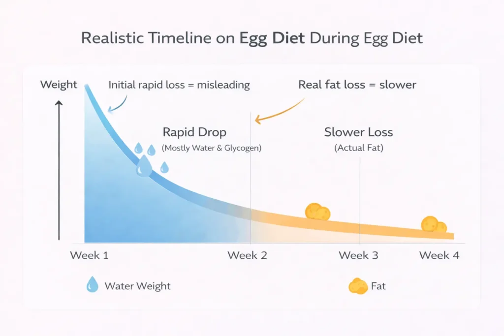 Graph showing rapid water weight loss in weeks 1-2 versus slower actual fat loss in weeks 3-4 on egg diet