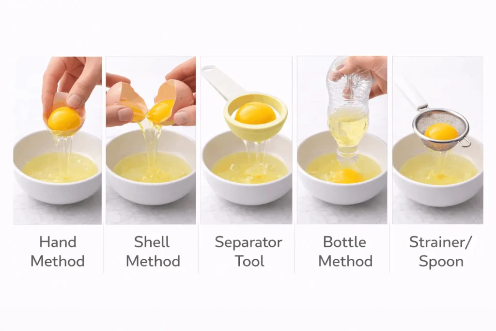 Five egg separation methods comparison showing hand, shell, separator tool, bottle and strainer techniques side by side