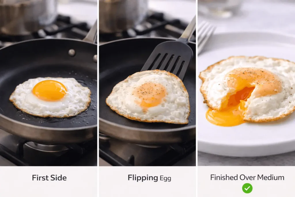 Step-by-step process showing how to cook over medium eggs from frying first side to flipping to finished result
