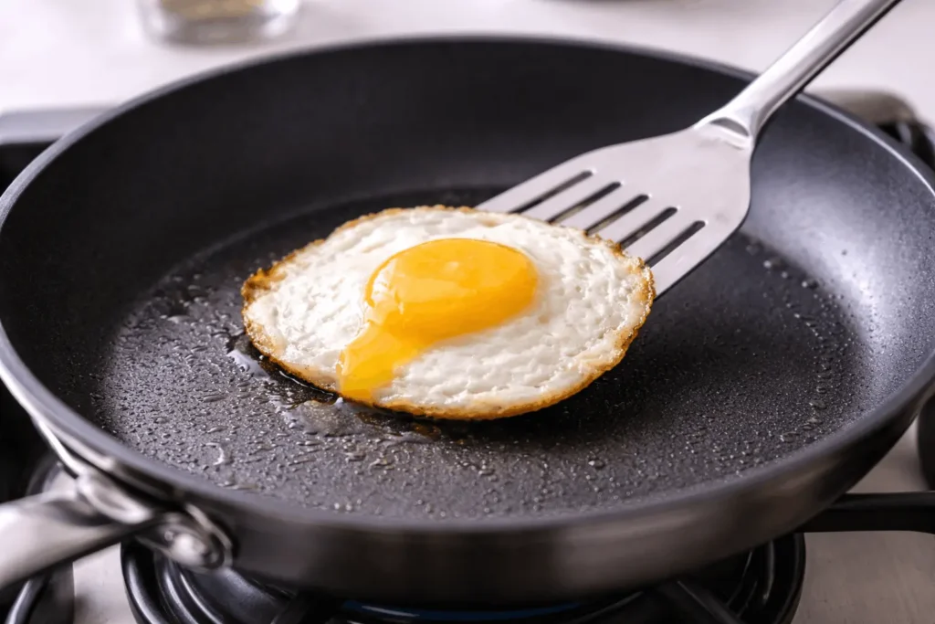 Flipping over easy eggs with spatula showing proper technique when whites are set and yolk is still runny