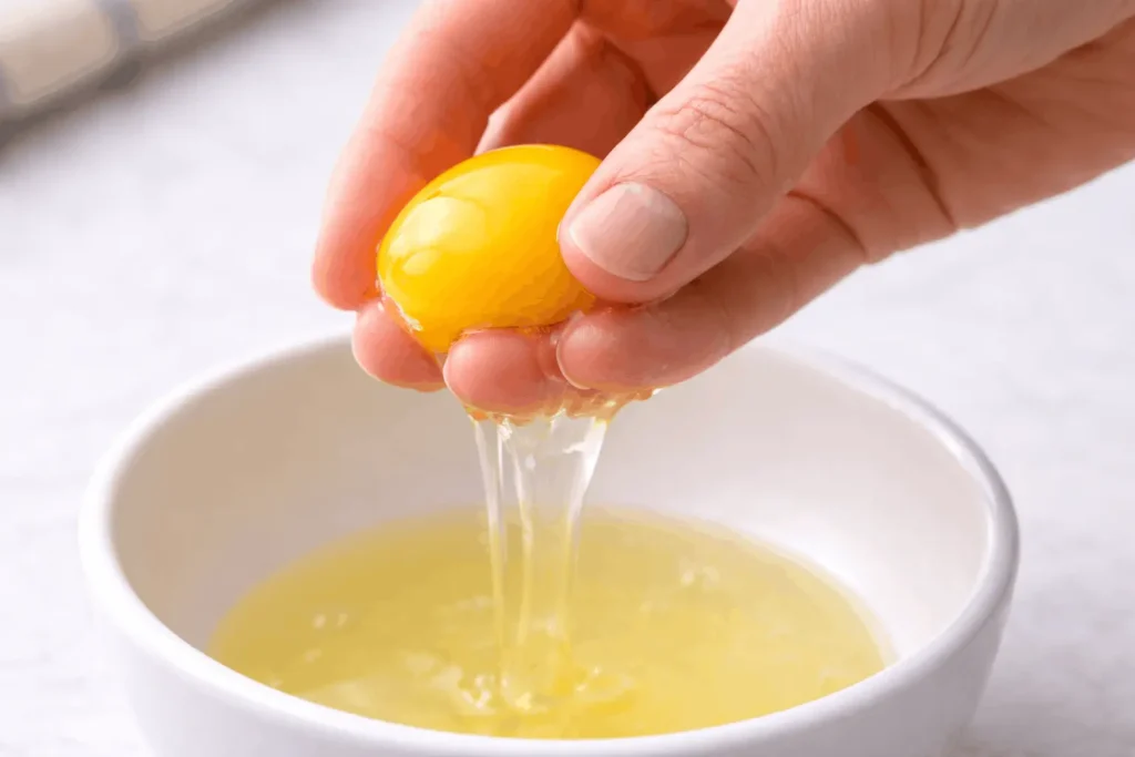 Hand method for separating egg whites showing fingers gently holding yolk while white drips through into bowl