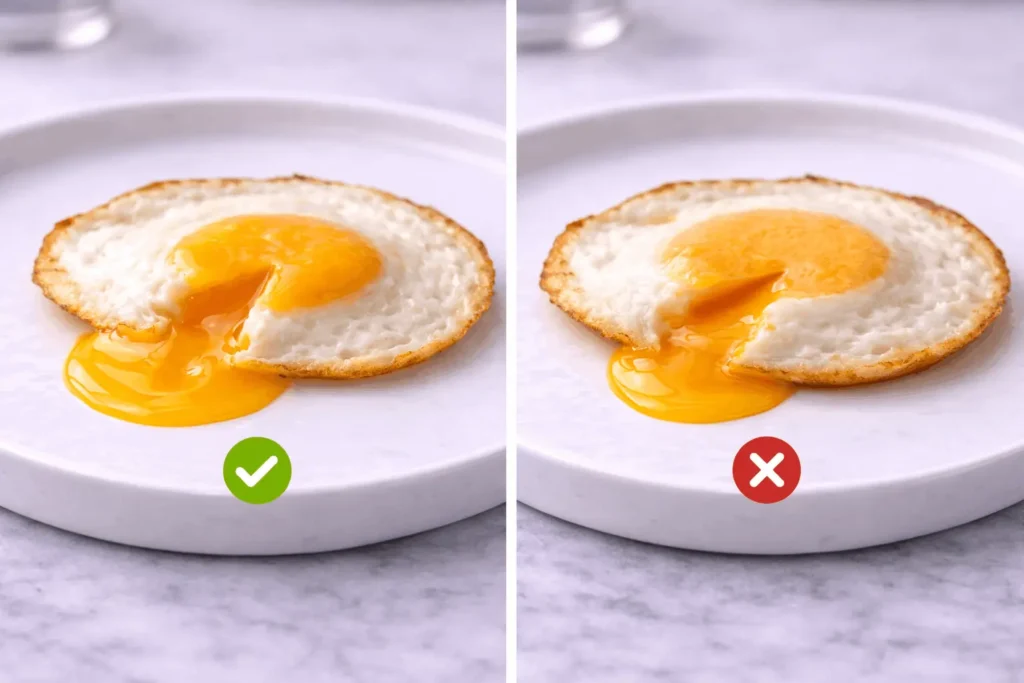 Over easy egg yolk texture guide showing perfect very runny liquid yolk versus slightly overcooked thicker yolk comparison