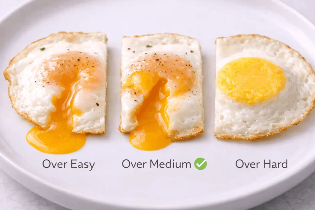 Three fried eggs showing over easy with runny yolk, over medium with soft thick yolk, and over hard with firm yolk comparison
