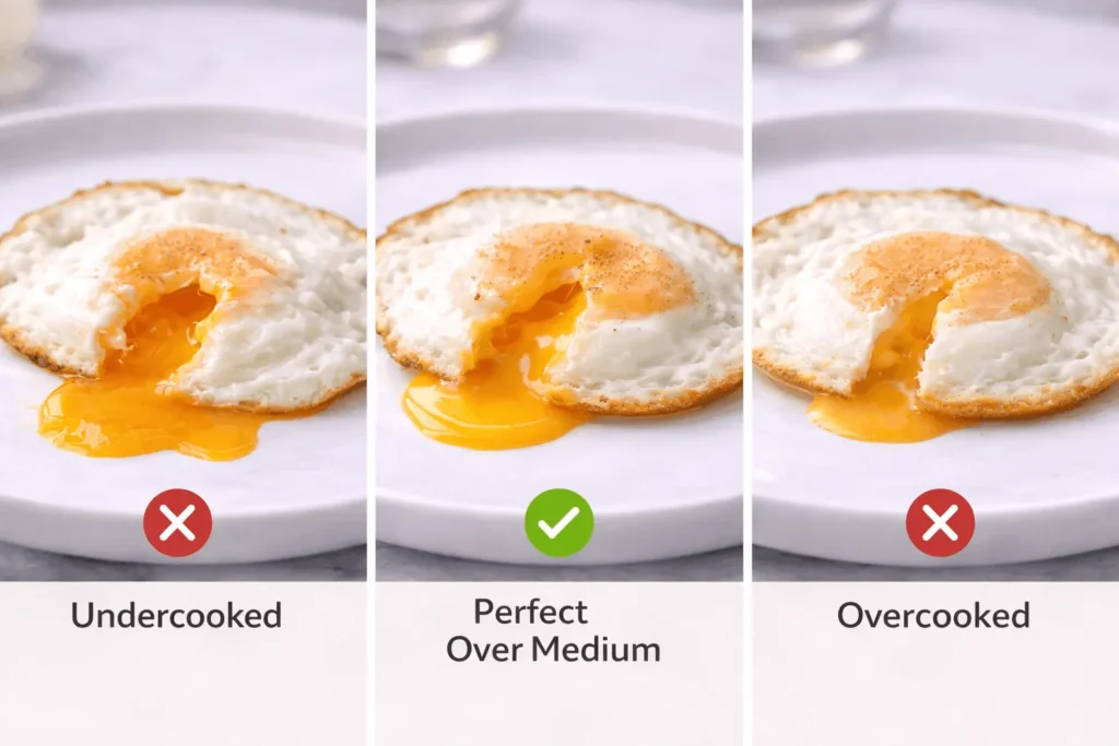 Over medium egg yolk texture guide showing undercooked too runny, perfect soft thick, and overcooked too firm comparison